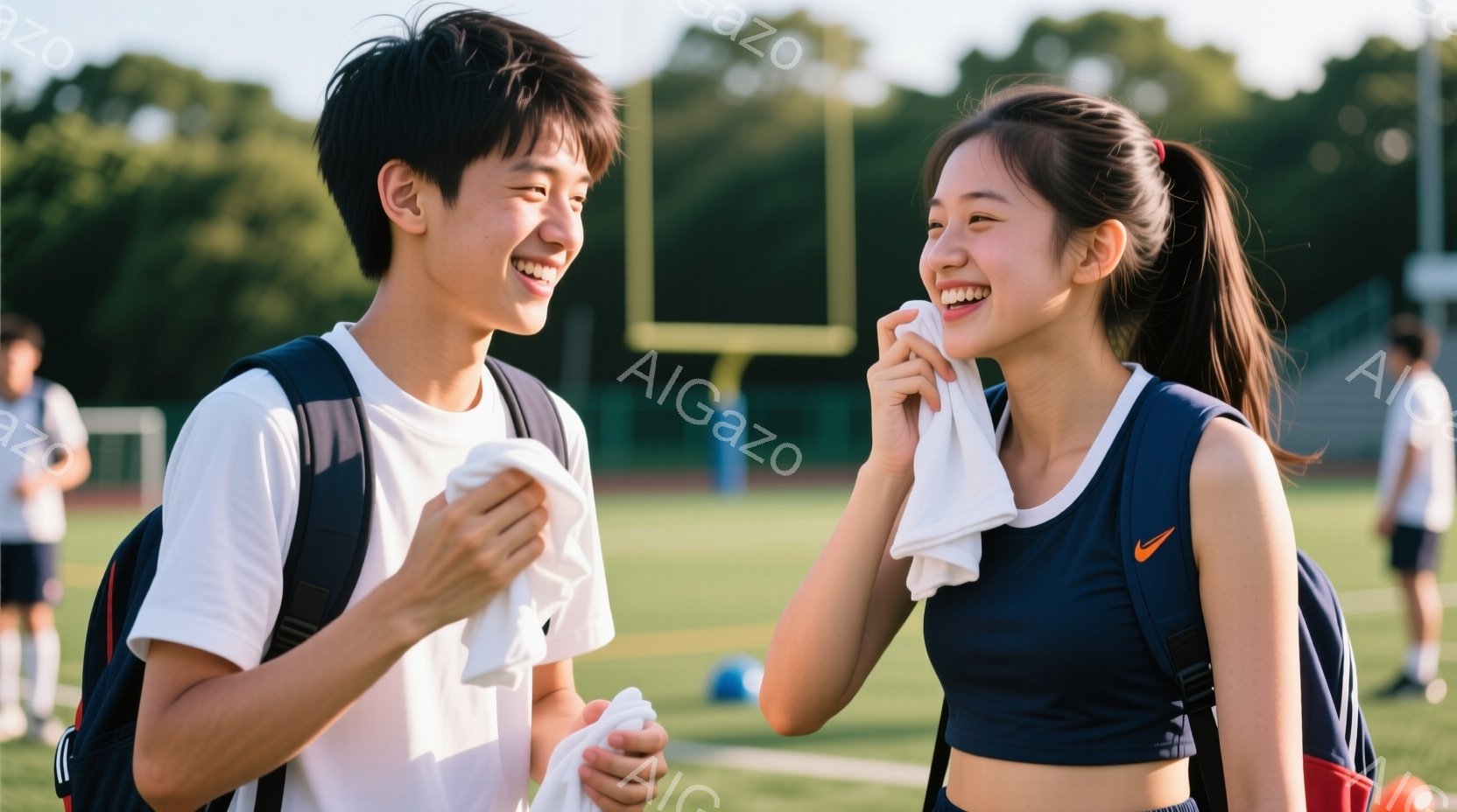 若い男女が笑顔で向き合い、それぞれ白いタオルを持っています。男性は白いTシャツにリュックサックを背負い、女性は紺色のスポーツブラと短パン姿で、髪をポニーテールにしています。背景には緑の芝生とサッカーゴールがあり、晴れた日の屋外で運動した後のリラックスした雰囲気が伝わってきます。