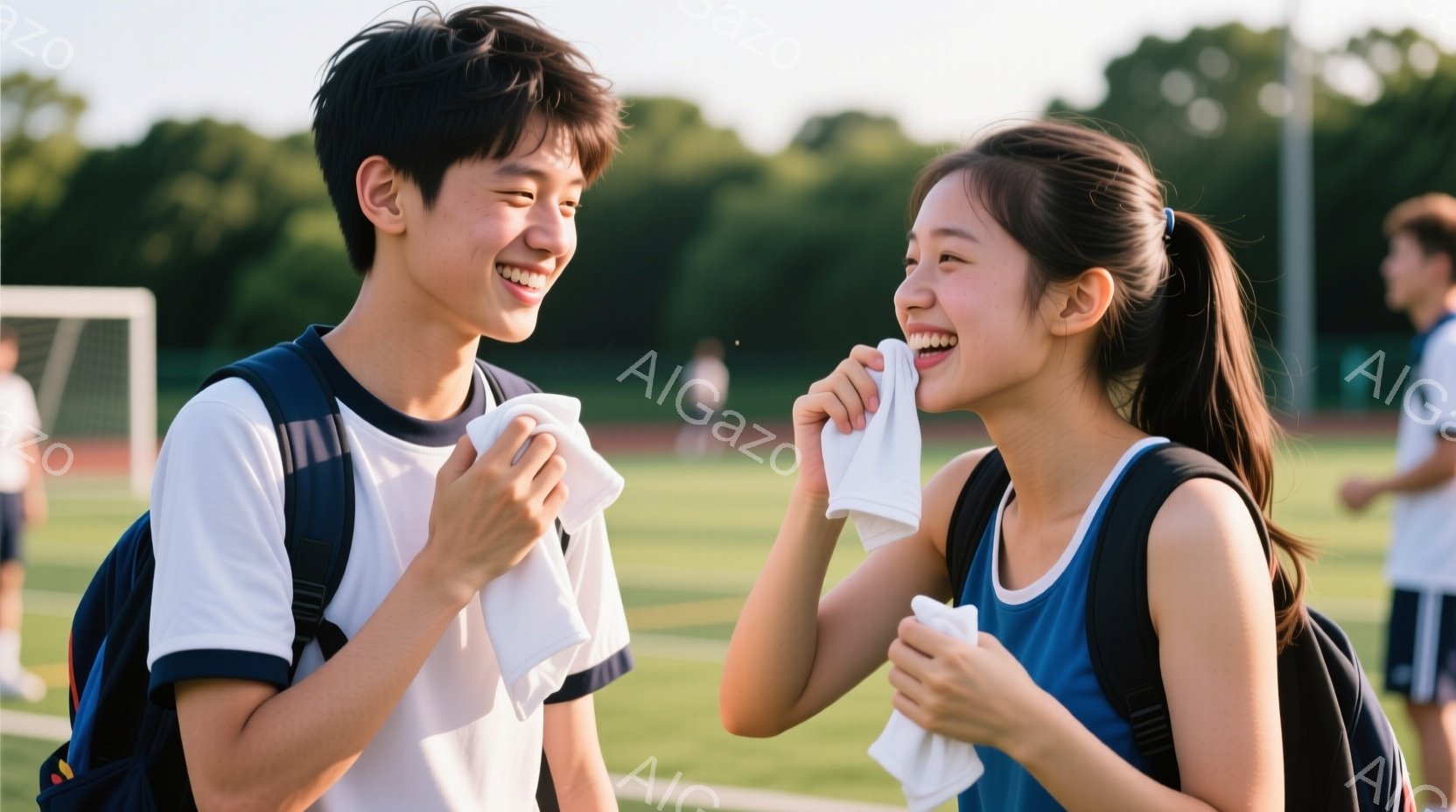 少年と少女は、緑の芝生のあるサッカー場に立っており、スポーツ後の汗を拭いています。少年は白い半袖シャツと黒いバックパックを着ており、満面の笑みを浮かべています。少女は青いタンクトップを着ており、微笑み - AI生成フリー素材