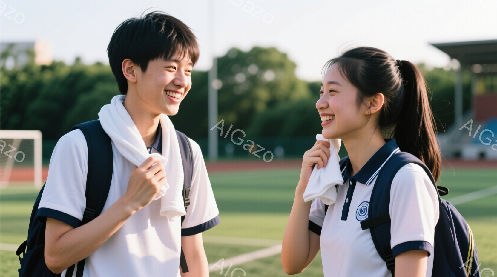 二人の若者は、緑豊かなサッカー場の横で顔を見合わせ、楽しそうに微笑んでいる。彼らは白い襟付きシャツと黒いリュックサックを身に着け、それぞれタオルを首に巻いている。背景にはサッカー場と観客席が見え、晴れた空の下、明るく活気のある雰囲気が漂っている。