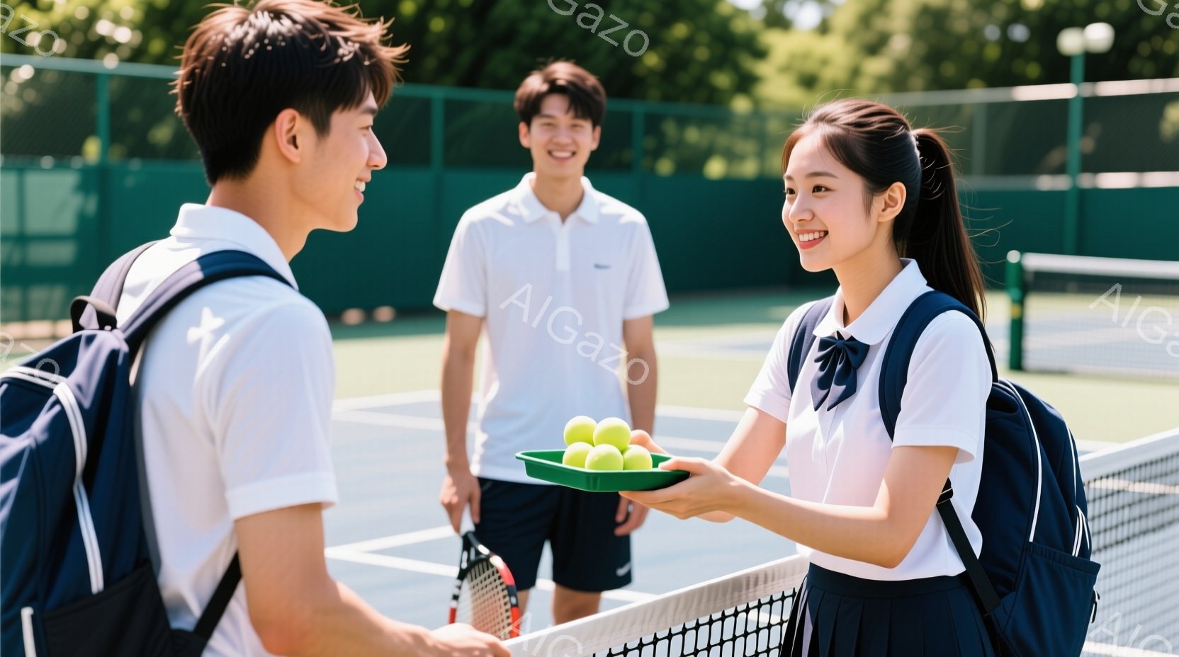 ３人の若い男女がテニスコートに立っている。一人の女性は紺色のスカートと白いブラウスを着て、テニスボールが入ったトレイを男性に差し出している。背景には緑の木々やテニスコートのネット、そして遠くに見える建物があり、晴天で明るい雰囲気である。