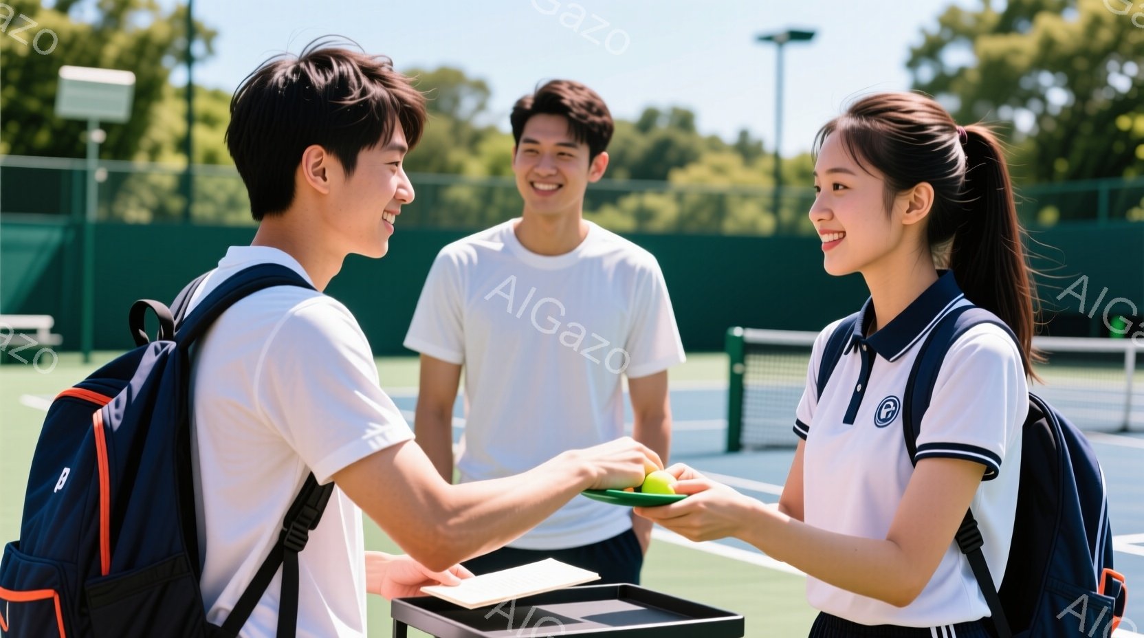 三人の若い人がテニスコートに立っている。左の男性はリュックを背負い、テニスボールを女性に手渡している。全員が笑顔で、背景には緑豊かな木々と青空が広がり、晴れた日のテニスを楽しむ穏やかな雰囲気が漂っている。