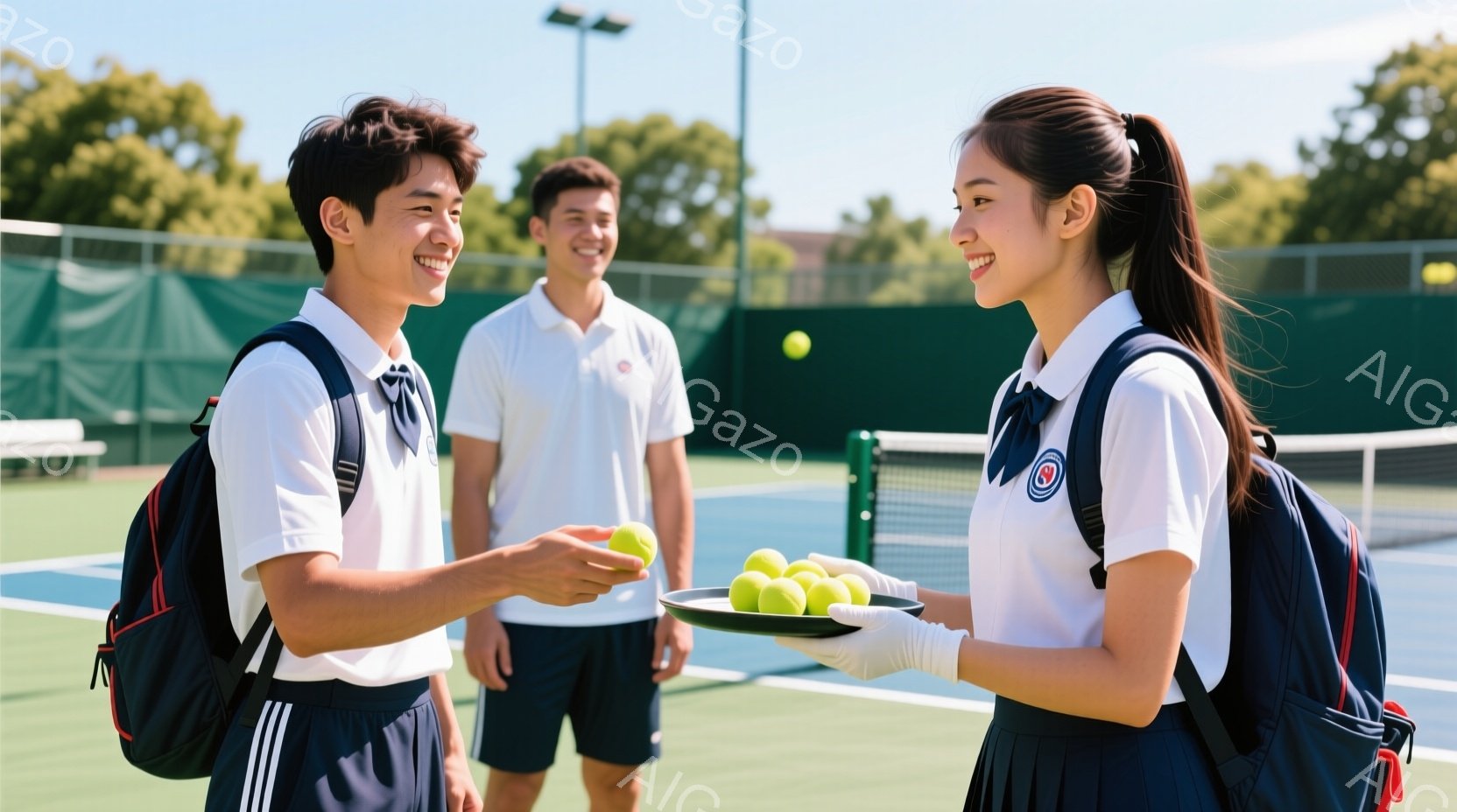 テニス場の緑のコートで、制服を着た若い男女が写っている。少年は白いシャツに紺色のズボンを履き、リュックを背負っている。少女は白いブラウスに紺色のスカートとリボンを付け、白い手袋を着用し、トレイに盛られたテニスボールを少年に差し出している。