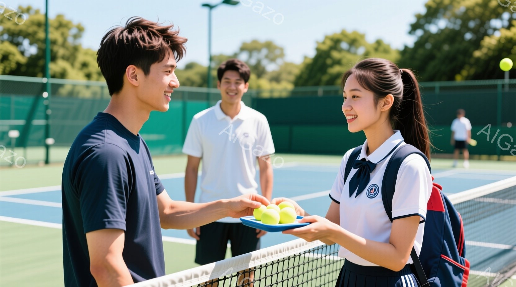 テニス場のネットを挟んで、若い男性と女性が向かい合っている。女性は制服姿で、皿に盛られたテニスボールを男性に差し出しており、笑顔で接している。背景には、別の男性が立っており、緑豊かな木々や晴天の空が広がり、爽やかな雰囲気を醸し出している。