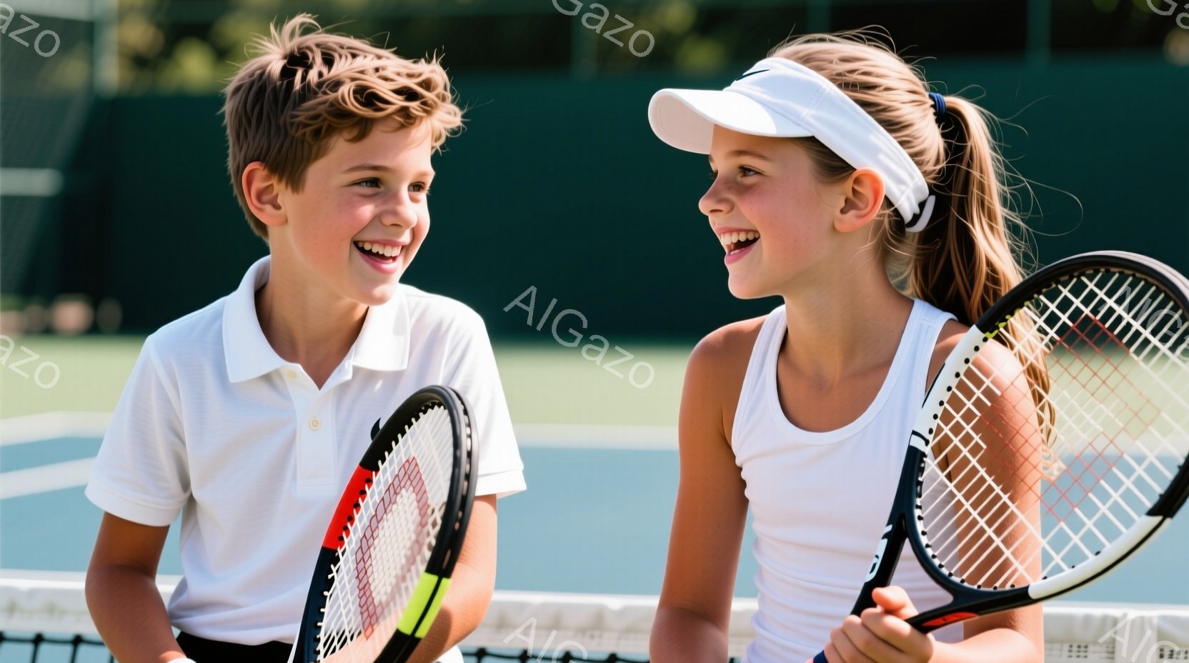 少年と少女がテニスコートのネットの前で顔を見合わせて微笑んでいます。少年は白のポロシャツを着ており、短く整髪された茶色の髪をしています。少女は白いタンクトップと白いキャップを被り、髪をポニーテールにしています。