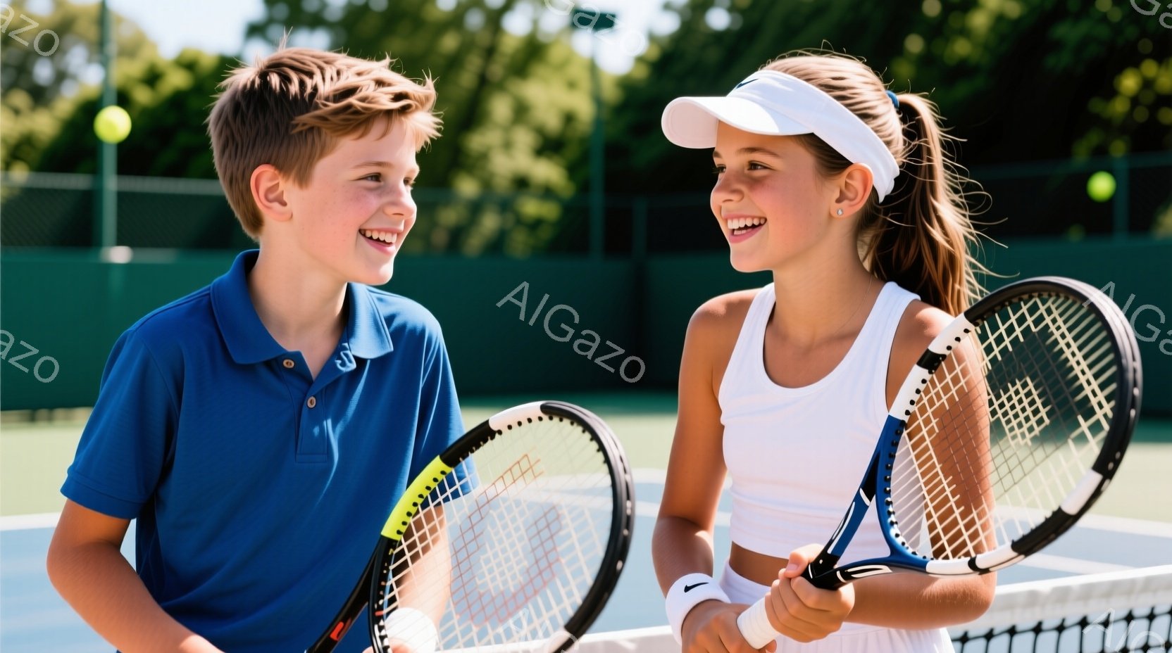 少年と少女がテニスコートで向き合い、笑顔を浮かべている。少年は青いポロシャツを着ており、茶色の髪を短く切っている。少女は白いタンクトップとスカートを着用し、ピンクのヘッドバンドで髪を結んでいる。