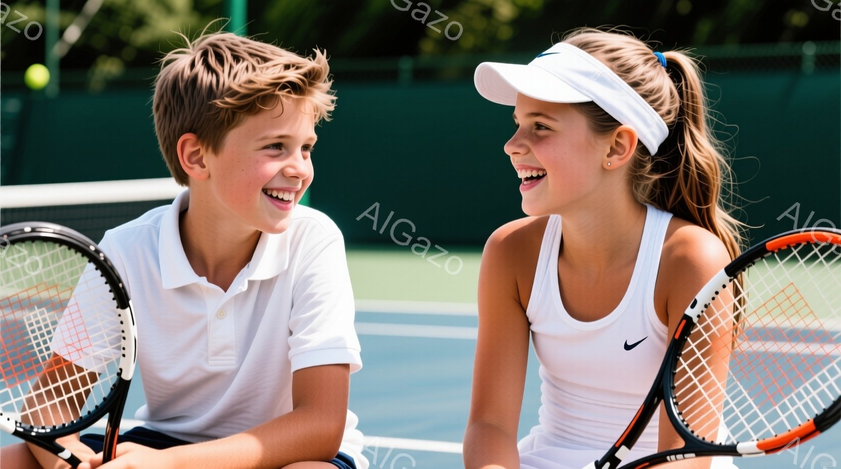 二人の子供がテニスコートで向き合い、満面の笑みを浮かべている。少年は白いポロシャツを着ており、髪は短く整えられている。少女は白いタンクトップにヘッドバンドを着用し、長い髪は後ろでポニーテールに結ばれている。背景には緑のテニスコートと木々が見え、晴れた日差しの中で活気のある雰囲気が漂っている。