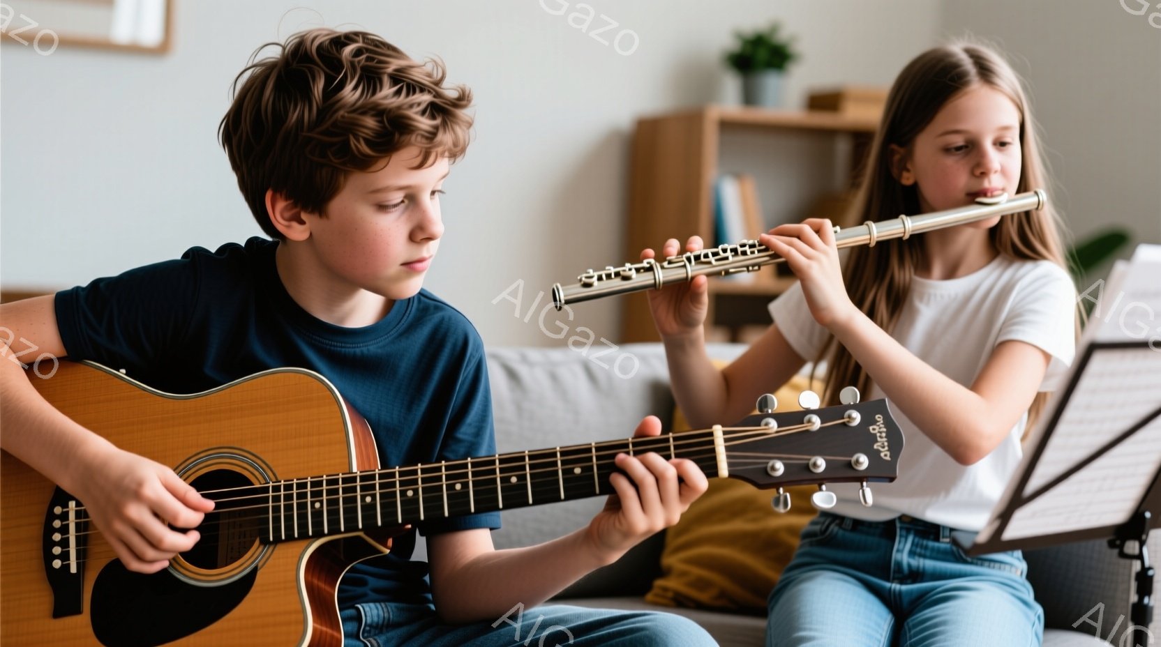 少年は青いTシャツを着てギターを演奏しており、真剣な表情で弦を弾いています。少女はデニムのズボンと白いシャツを着て、フルートを吹いており、楽譜を見ながら演奏しています。背景にはグレーのソファとクッショ - AI生成フリー素材
