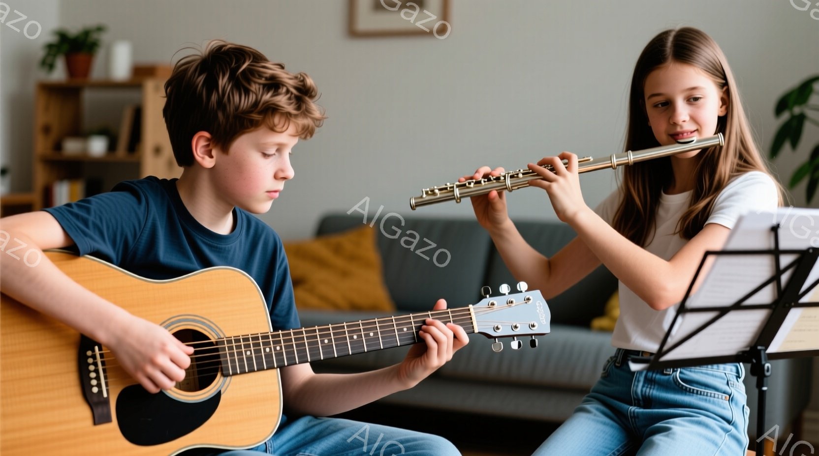 少年はギターを演奏しており、少女はフルートを吹いています。少年は青いTシャツとジーンズを着ており、髪は短く巻き毛です。背景には、植物が飾られた棚や明るい色のクッションがあるリビングルームが見え、温かく - AI生成フリー素材