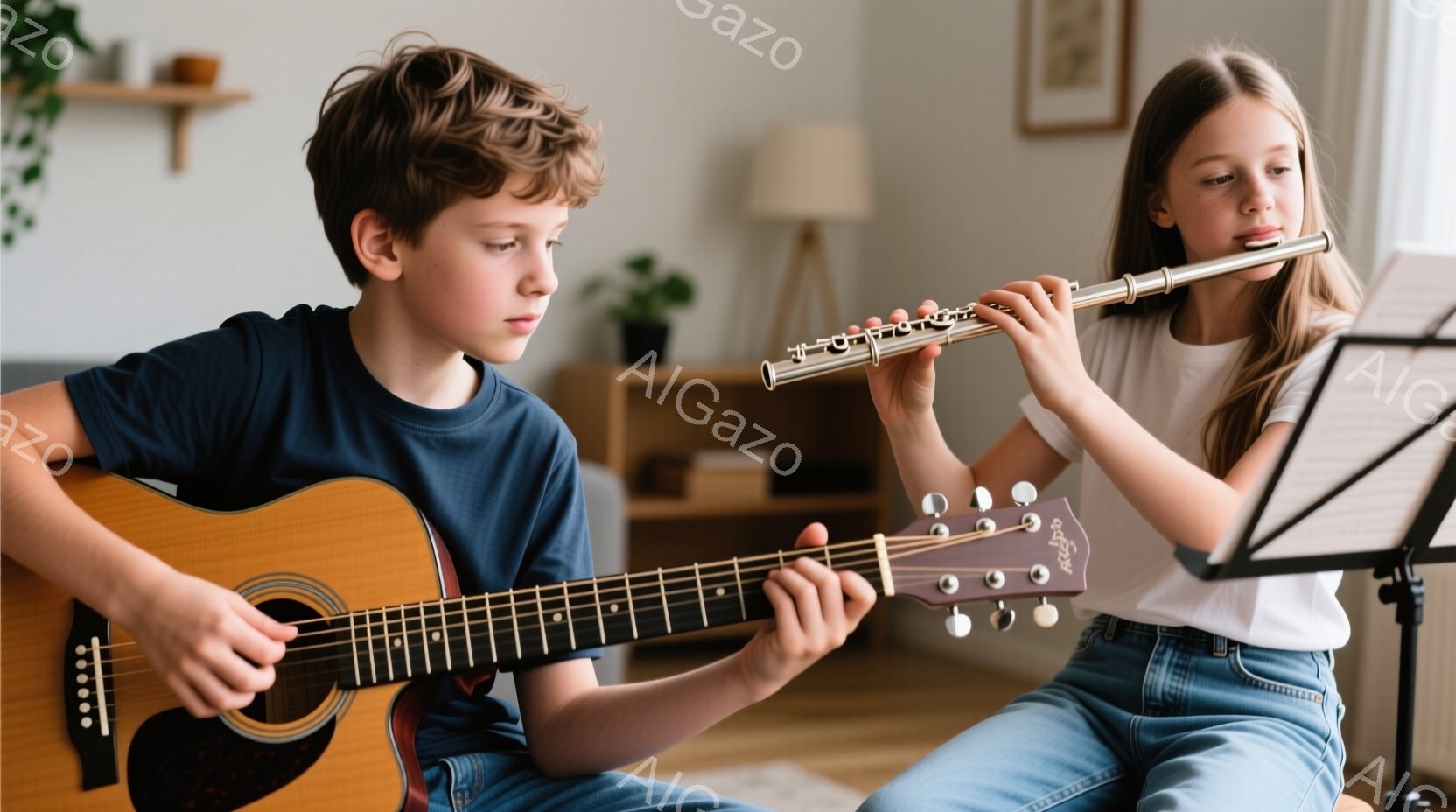 少年は青いTシャツを着てギターを弾いており、真剣な表情をしています。少女は薄いデニムの服を着てフルートを演奏し、少し口をすぼめて集中しています。背景には、観葉植物や本棚、間接照明がある明るいリビングル - AI生成フリー素材