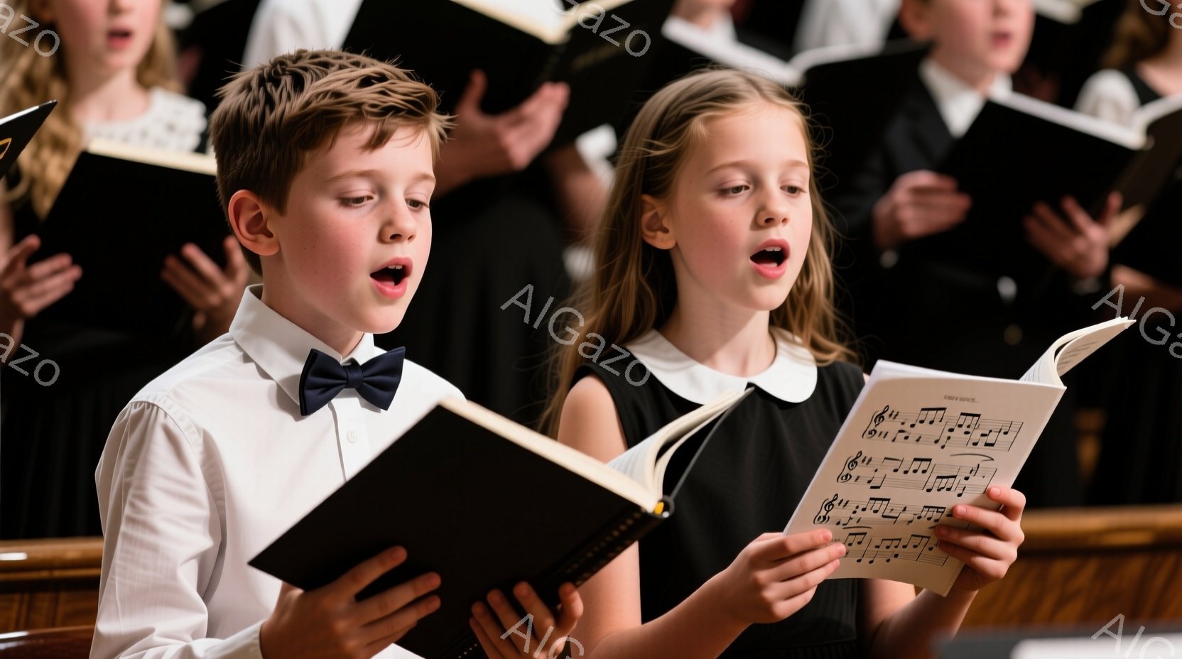 少年と少女が合唱のために歌っている様子が写っている。彼らはそれぞれ黒いバタフライタイと白いシャツを着ており、楽譜を見ながら口を開けて歌っている。背景には他の合唱団員がおり、木製の椅子と壁が確認でき、厳かで荘厳な雰囲気が漂っている。