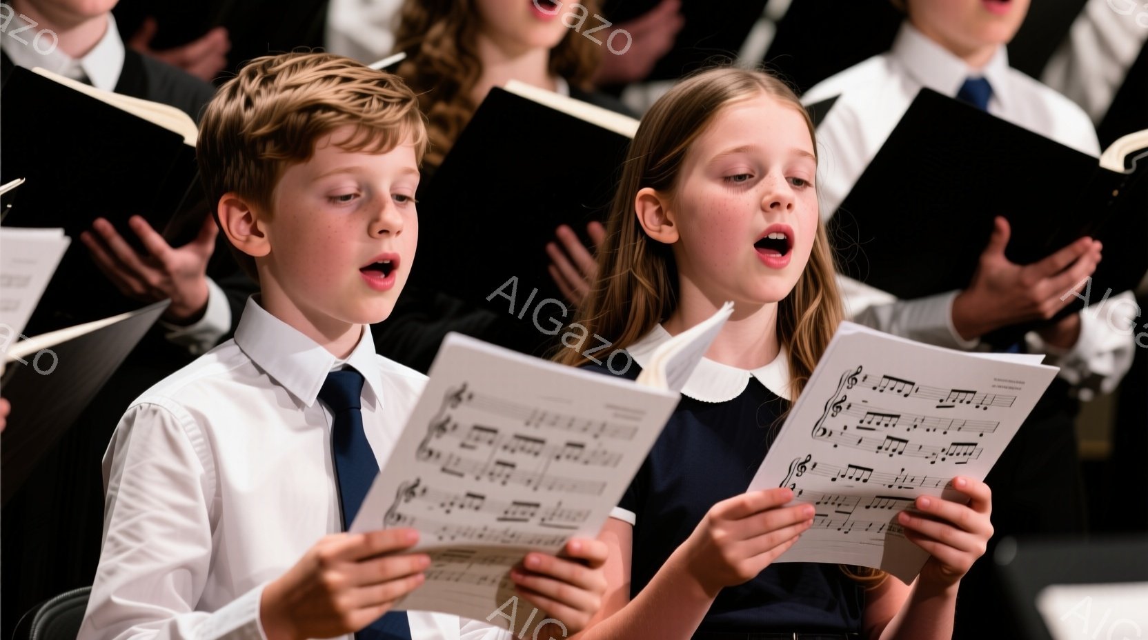 少年少女たちが合唱団の一員として歌っている様子が写っている。白いシャツにネクタイ、紺色のジャケットという制服を着ており、楽譜を見ながら口を開けて歌っている。背景には他の団員がぼやけて写っており、会場はやや暗く、厳かで和やかな雰囲気が漂っている。