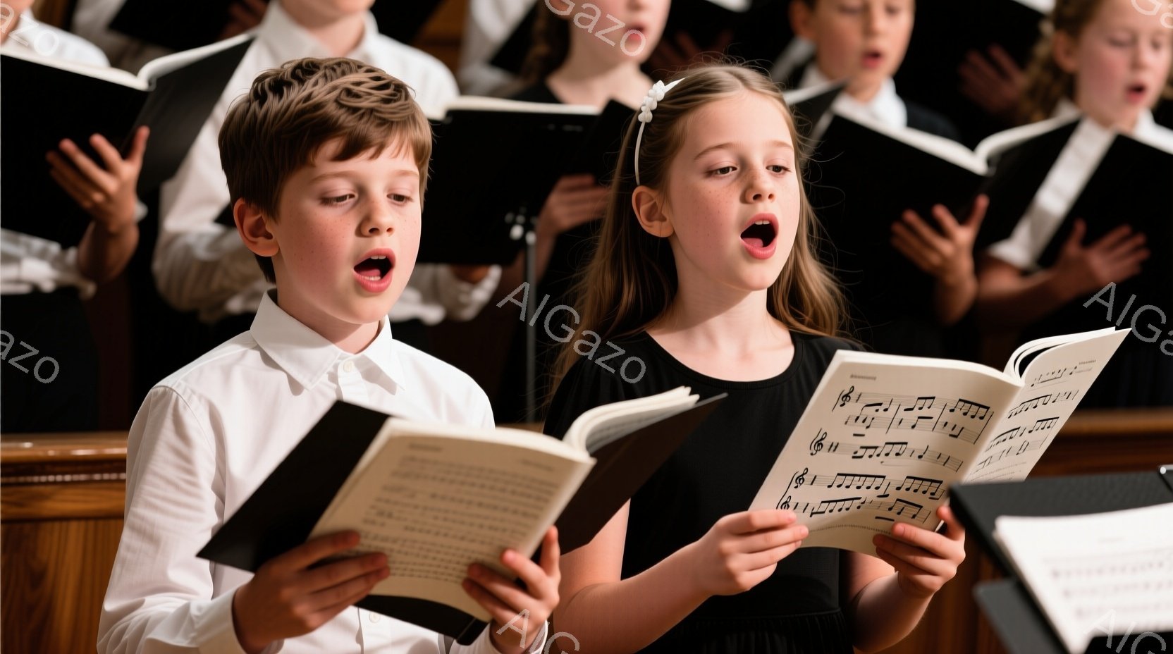 少年少女が合唱のために整然と並び、楽譜を見ながら歌っている様子が描かれています。少年は白いシャツを着ており、少女は黒い服を着ていて、どちらも口を開けて歌っている表情からは、真剣さと活気が伝わってきます。背景には他の児童たちも写っており、木製のパネルが並んだ礼拝堂のような場所で、荘厳な雰囲気の中で歌っていることがわかります。