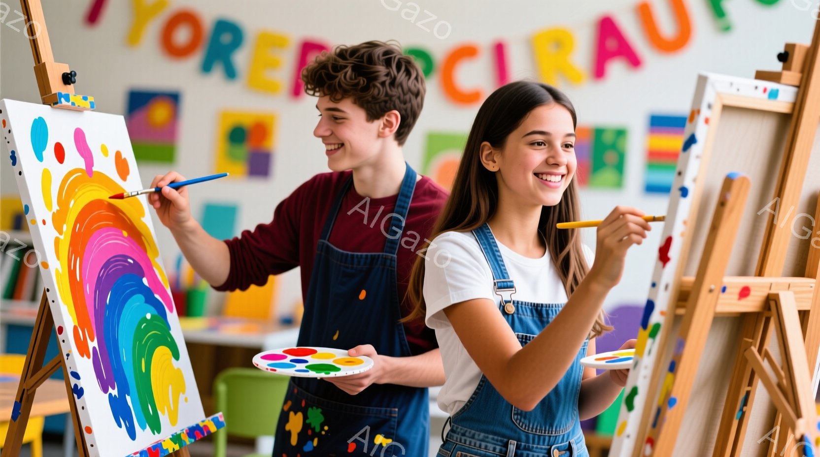 若い男女がイーゼルに向かい、絵を描いている様子が写っている。少年は赤紫色のシャツを着ており、少女は白いTシャツにデニムのオーバーオール姿で、共に笑顔で筆を持っている。背景にはカラフルな絵画や「FOREVER YOUNG」という文字が描かれた壁があり、明るく活気のある雰囲気を感じさせる。