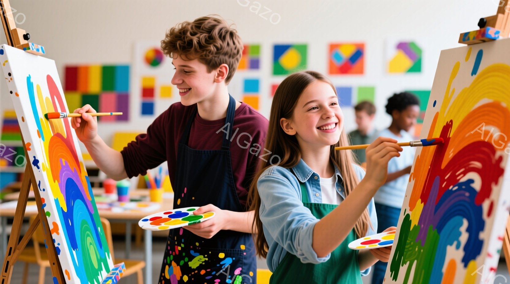 少年と少女は、それぞれキャンバスに向かって絵を描いている。少年は紫色のシャツに水玉模様のエプロンを着用し、カールした髪で、笑顔を見せている。少女は白いシャツにジーンズを着ており、長い茶髪を後ろに流し、 - AI生成フリー素材