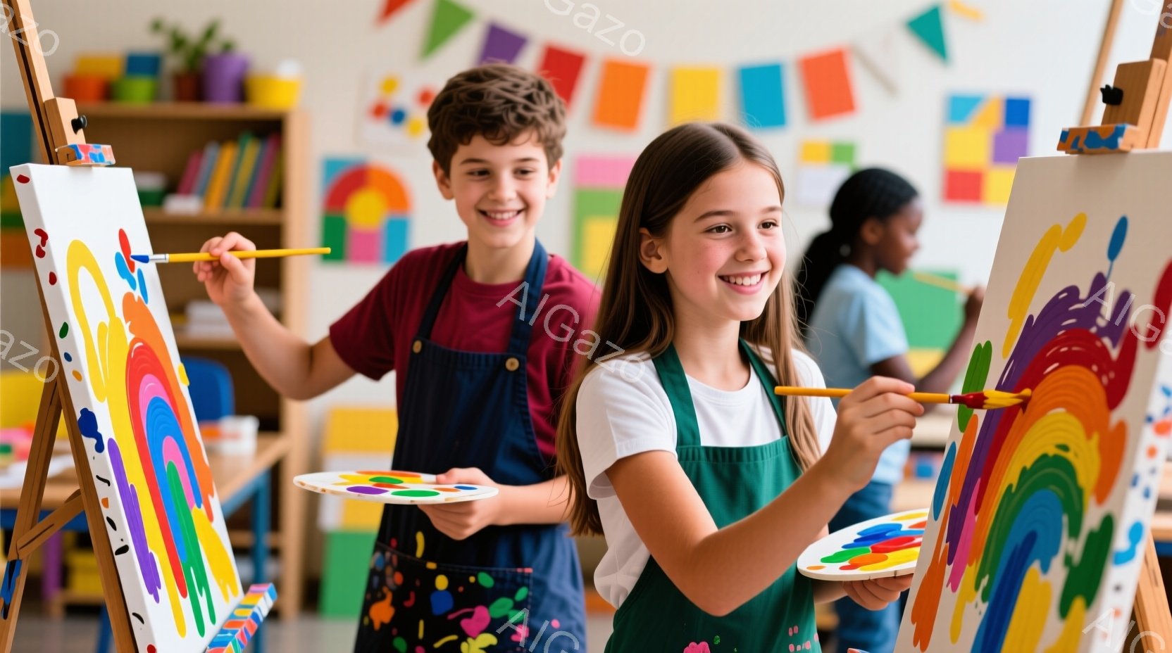 2人の子供が絵を描いており、それぞれがキャンバスに虹を描いています。少年は茶色の髪でエプロンを着ており、笑顔で絵筆とパレットを持っています。背景には他の子供たちも絵を描いており、カラフルな装飾と明るい雰囲気の教室です。