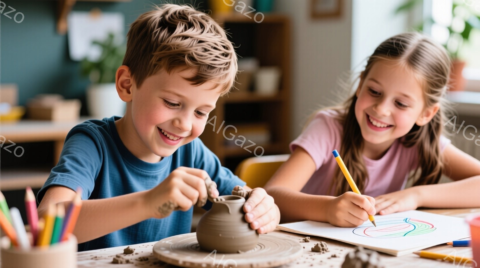 少年は陶芸の車輪で土を形作っており、笑顔で集中しています。彼は青いTシャツを着ており、短い茶色の髪をしています。少女は彼の隣で絵を描いており、ピンクのTシャツを着て笑顔でいます。 - AI生成フリー素材