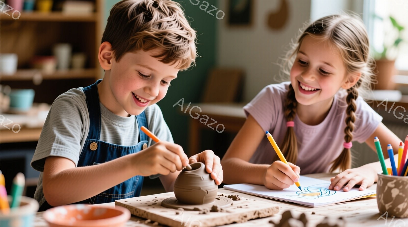 少年と少女が、陶芸と絵を描くことに夢中になっている様子が描かれています。少年はデニムのオーバーオール姿で、粘土の器にペンシルで模様を描いており、満面の笑顔を浮かべています。少女は三つ編みの髪をして、ピ - AI生成フリー素材