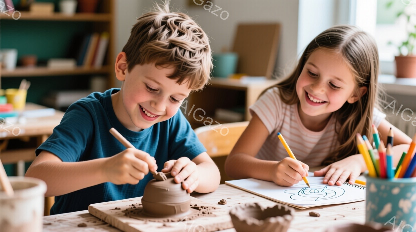 少年と少女が本を読みながら笑っています。少年は水色のシャツを着ており、髪は短く整えられています。少女はピンク色のシャツを着ており、髪は後ろで結ばれています。二人は机に向かい合って座り、楽しそうに笑って - AI生成フリー素材