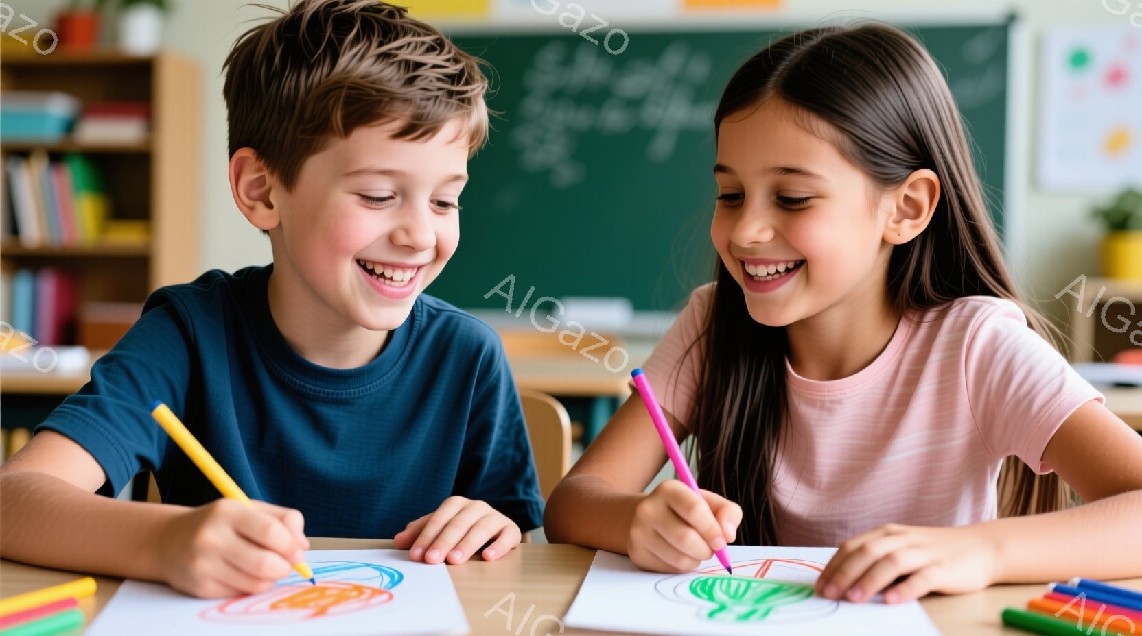 少年と少女が机に向かい、カラフルなクレヨンで絵を描いている様子が写っている。少年は青いTシャツを着ており、短い茶色の髪をしている。少女はピンクのTシャツを着て、髪を後ろで結んでいる二人とも笑顔で、集中して絵を描いている。