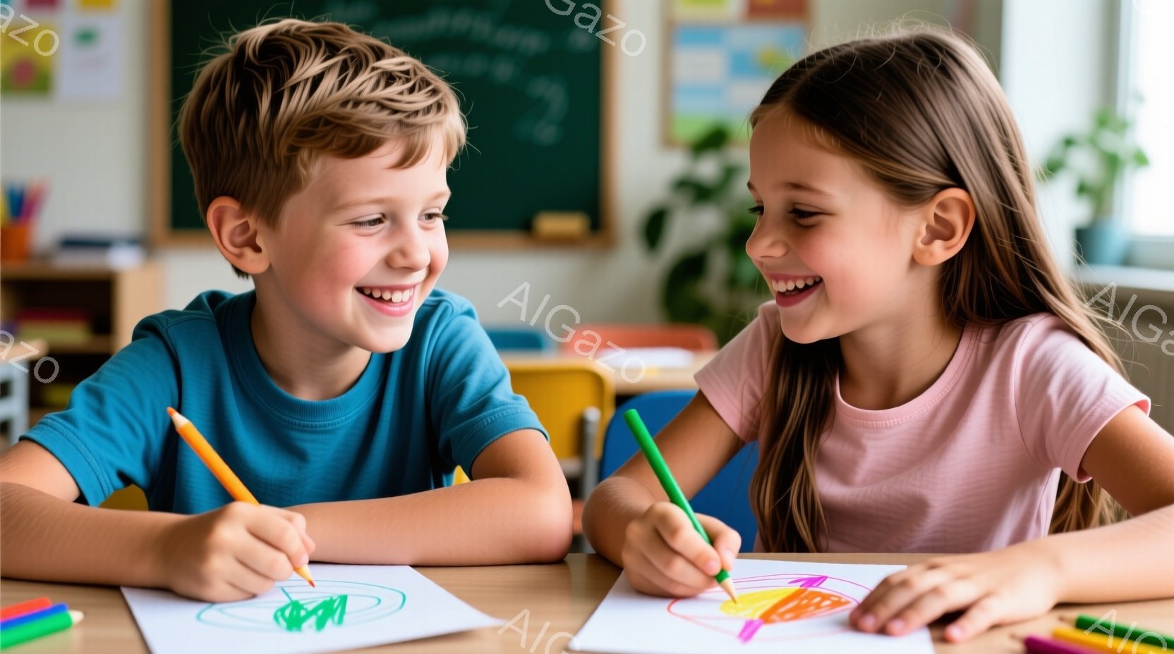 2人の子供が机に向かい、着色を楽しんでいます。男の子は青いTシャツを着ており、茶色の髪をしています。女の子はピンクのTシャツを着ており、長い茶色の髪をしています。どちらも笑顔で、活気のある教室の背景が - AI生成フリー素材