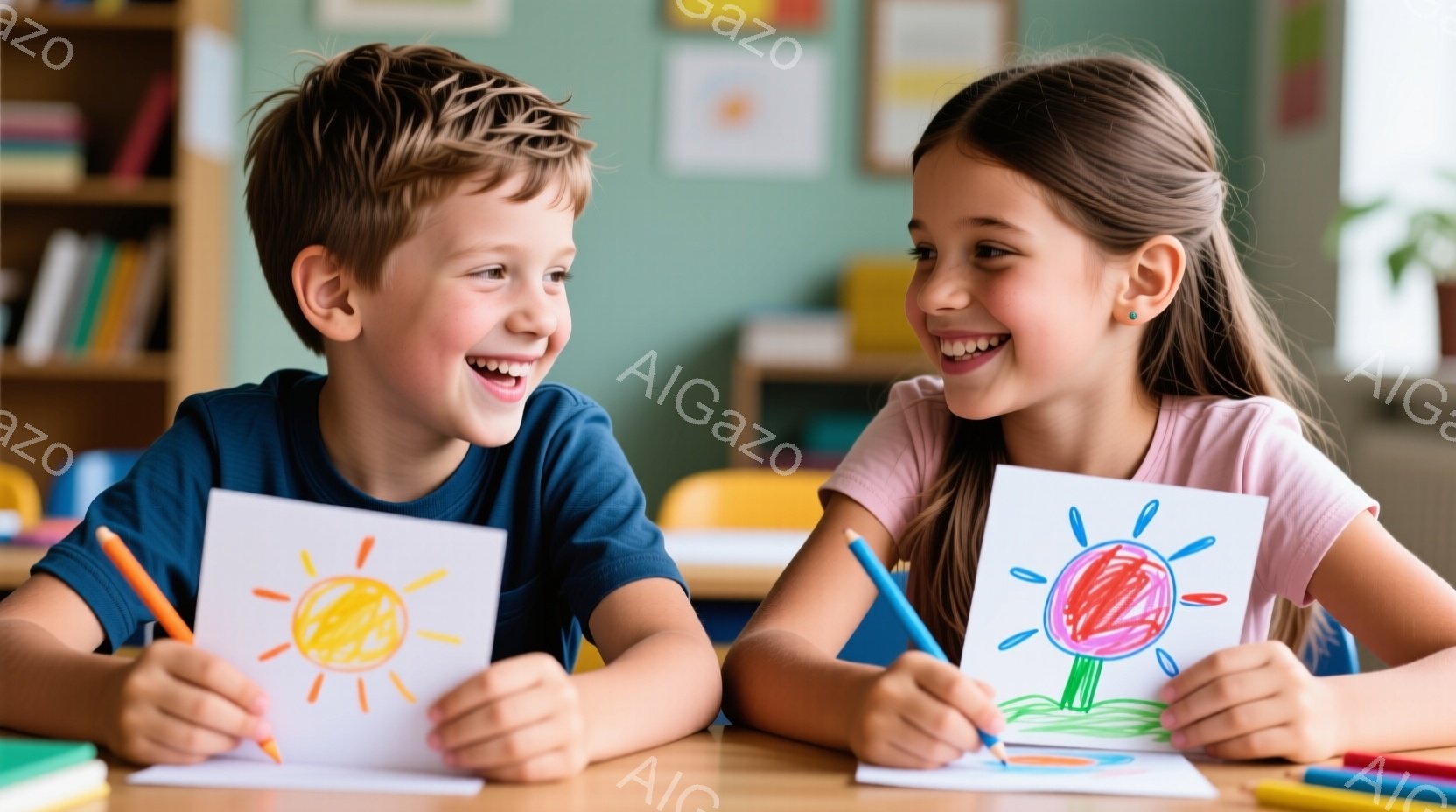 少年と少女は、それぞれ太陽と花を描いた絵を手に、明るい教室で笑顔で向き合っています。少年は青いシャツを着ており、髪は短く、明るい表情をしています。少女はピンクのシャツを着ており、髪は長く、青いクレヨンで花に色を塗っている最中です。