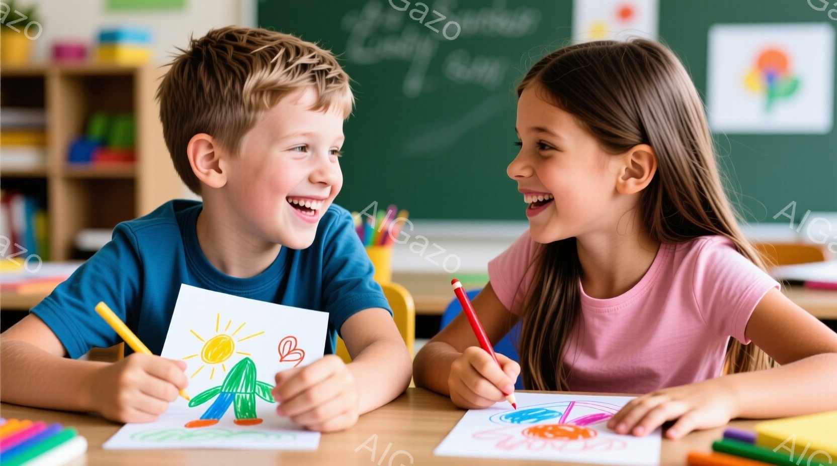 少年と少女が机に向かい、絵を描いて笑顔を浮かべている。少年は青いTシャツを着ており、短い金髪で、太陽とサボテンの絵を描いている。少女はピンクのTシャツを着ており、長い茶髪で、何かを描いている途中で、明るく楽しい雰囲気である。