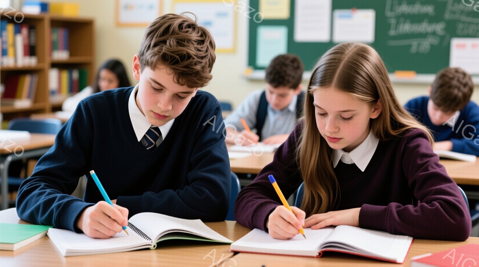 教室で、制服を着た少年と少女が机に向かい、ノートに書き込んでいる様子が写っている。少年は濃い青色のセーターにネクタイ、少女はワインレッド色のセーターを着ており、集中した表情で筆記に取り組んでいる。背景 - AI生成フリー素材