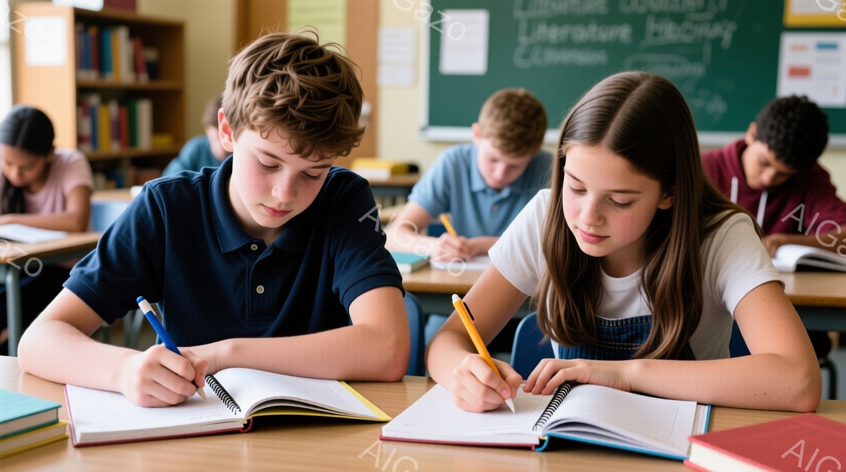 教室で、少年と少女が机に向かってノートに書き込んでいる様子が写っている。少年は濃い青色のポロシャツを着ており、短い茶色の髪をしている。少女はデニムのオーバーオール姿で、長い茶色の髪を後ろでまとめており - AI生成フリー素材