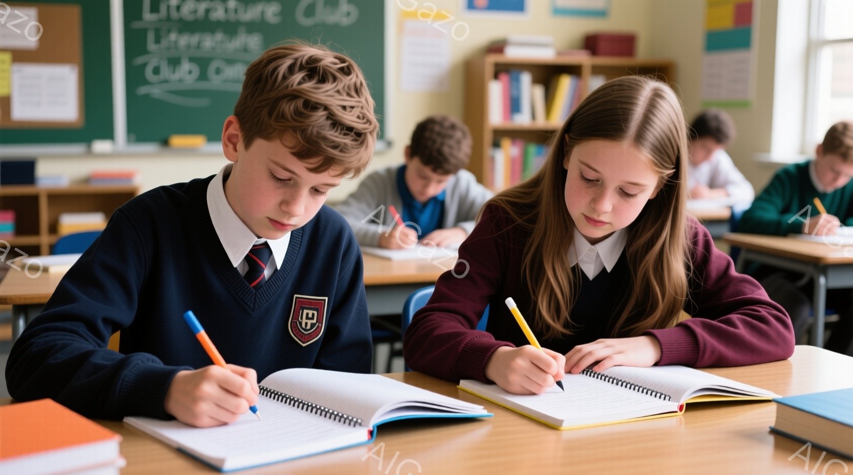 制服を着た少年と少女が教室でノートに書き込んでいる様子が写っている。少年はネクタイを締め、茶色の髪を短く切っている。少女は赤いセーターを着ており、長い茶色の髪を後ろに流している。 - AI生成フリー素材