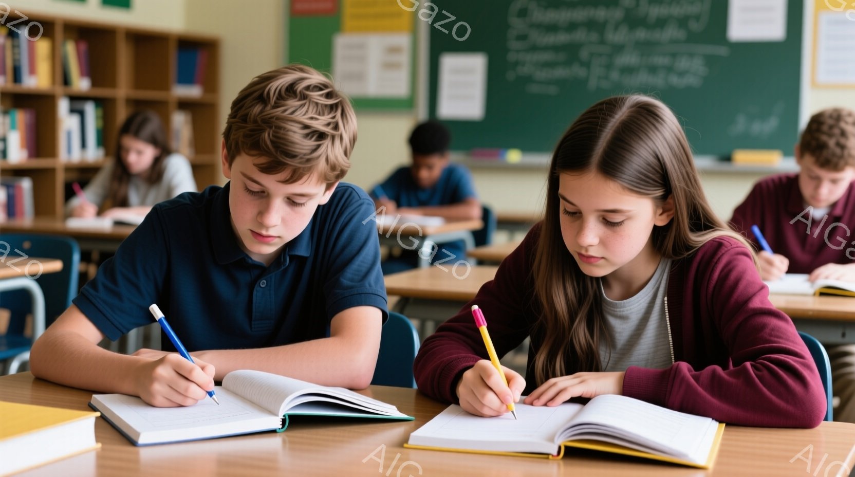 教室で、少年と少女が机に向かい、ノートに書き込んでいる様子が写っている。少年は青いポロシャツを着ており、茶色の髪を短く切っている。少女は濃い赤色のセーターを着ており、長い茶色の髪を下ろしている。 - AI生成フリー素材