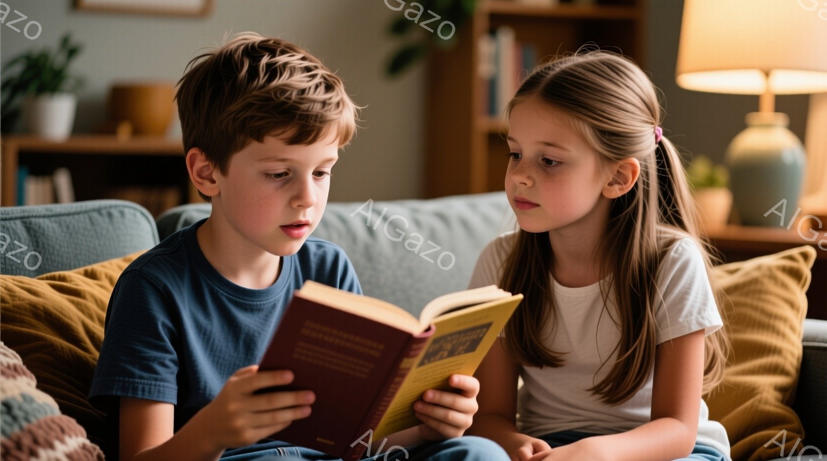 少年と少女がソファに座り、赤い表紙の本を一緒に見ている。少年は濃い青色のTシャツを着ており、髪は短く巻き毛、真剣な表情で本を見つめている。少女は白いTシャツを着ており、髪は後ろで一つに結ばれており、少し心配そうな表情で本を見ている。