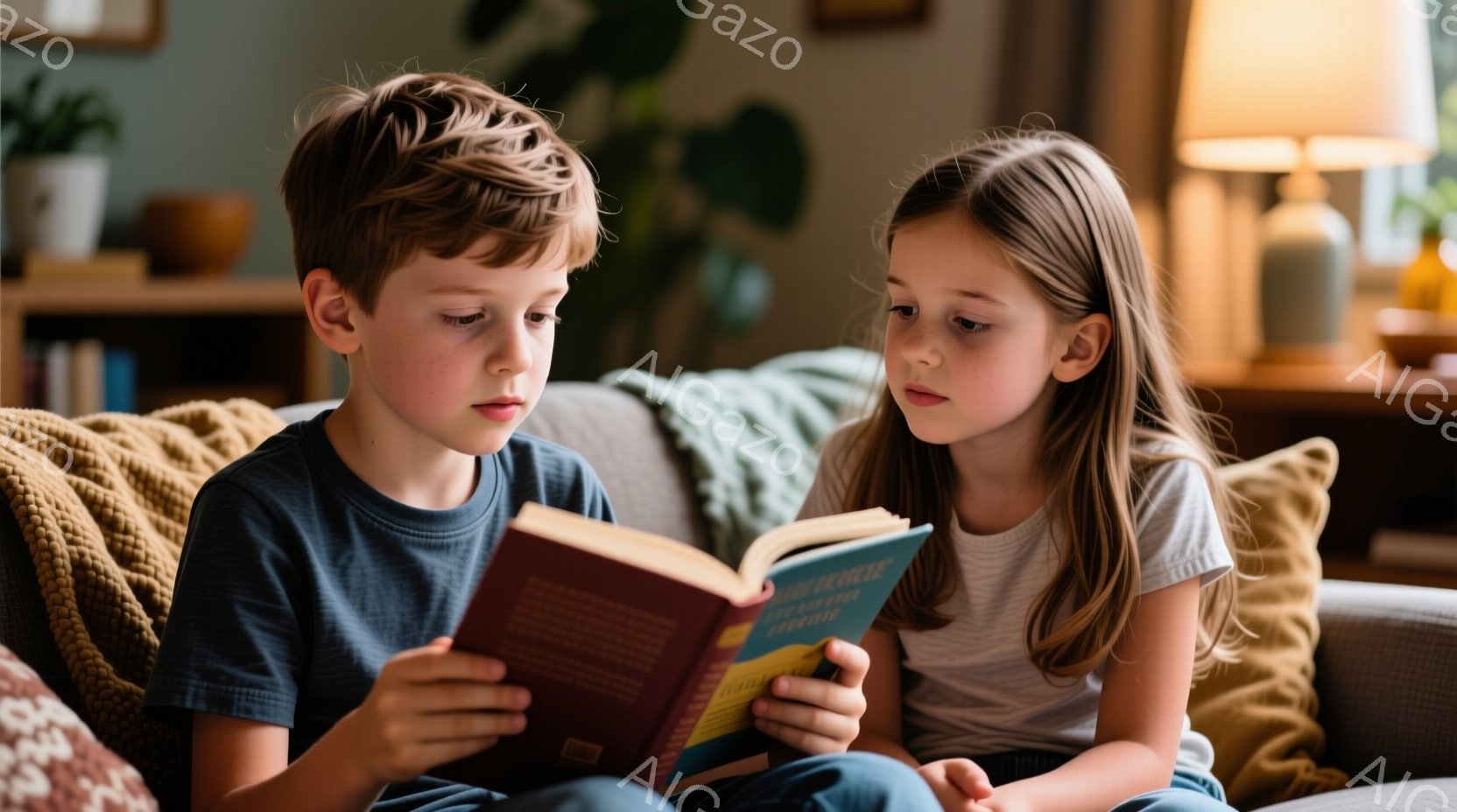 少年と少女がソファに座って本を読んでいます。少年は紺色のTシャツを着ており、髪は短く整えられています。少女は薄茶色のシャツを着ており、髪は長く、ゆるやかにカールしています。二人は本に集中しており、リラックスした雰囲気が漂っています。