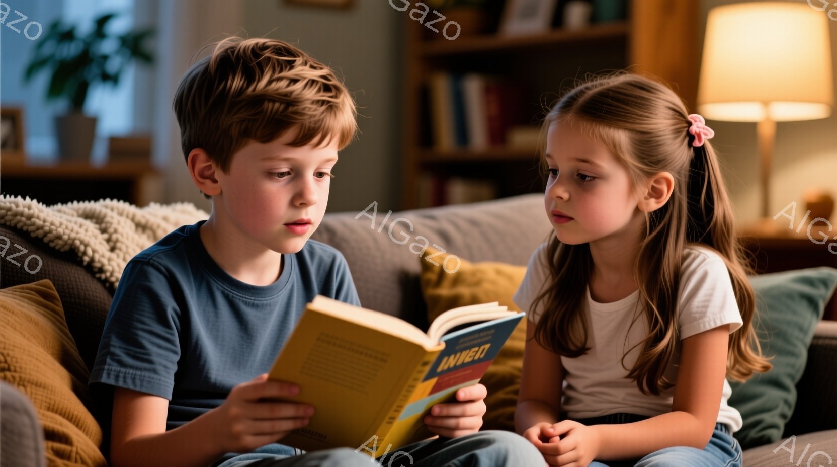 少年と少女がソファに座って本を読んでいます。少年は青いTシャツを着ていて、少し集中した表情で本を見つめています。少女は白いTシャツを着ていて、興味津々な様子で少年の読んでいる本を見つめています。背景には本棚が見え、室内は暖かく穏やかな雰囲気です。