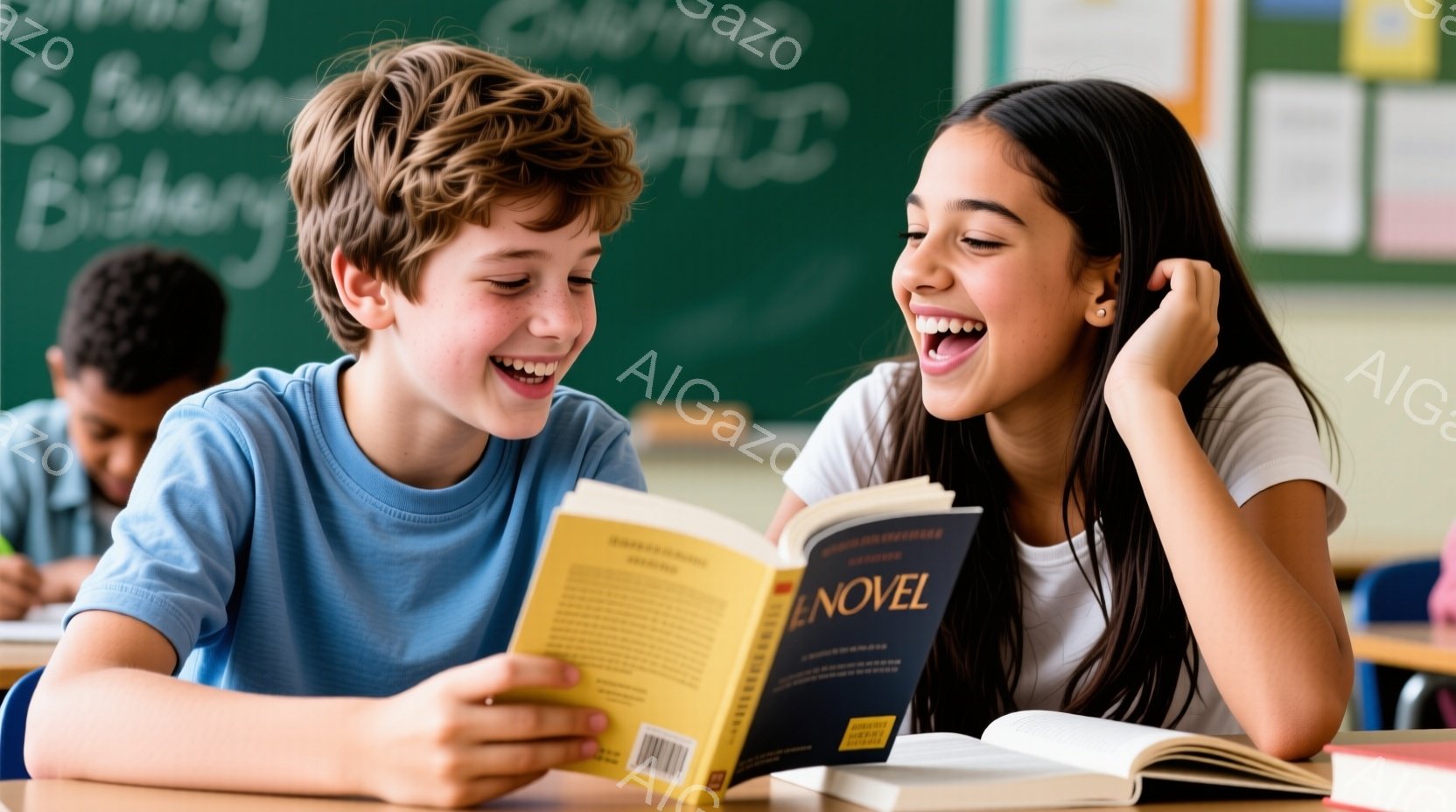 教室で、少年と少女が本を読みながら楽しそうに笑っています。少年は茶色の巻き毛で青いシャツを着ており、少女は黒髪でピンクのシャツを着ています。背景には、黒板と他の生徒たちがおり、明るく陽気な雰囲気です。 - AI生成フリー素材