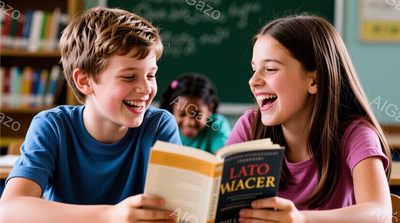 少年と少女が本を読んで笑っています。少年は青いTシャツを着ており、短い茶色の髪をしています。少女は紫色のTシャツを着ており、長い茶色の髪をしています。背景には、黒板、本棚、そしてぼんやりと見える別の生徒がいます。教室の明るい雰囲気と、二人の楽しそうな表情が印象的です。