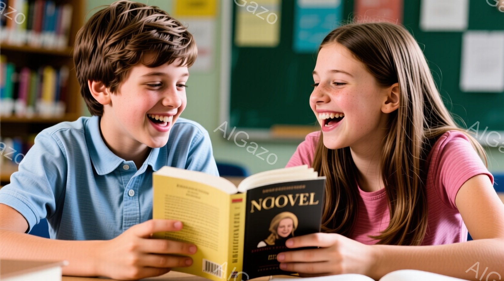 少年と少女が本を読みながら笑い合っています。少年は青いシャツを着ており、茶色の髪は短く整えられています。少女はピンク色のシャツを着ており、長い髪を後ろで束ねています。背景には本棚があり、教室の様子が伺えます。明るく楽しい雰囲気が感じられます。