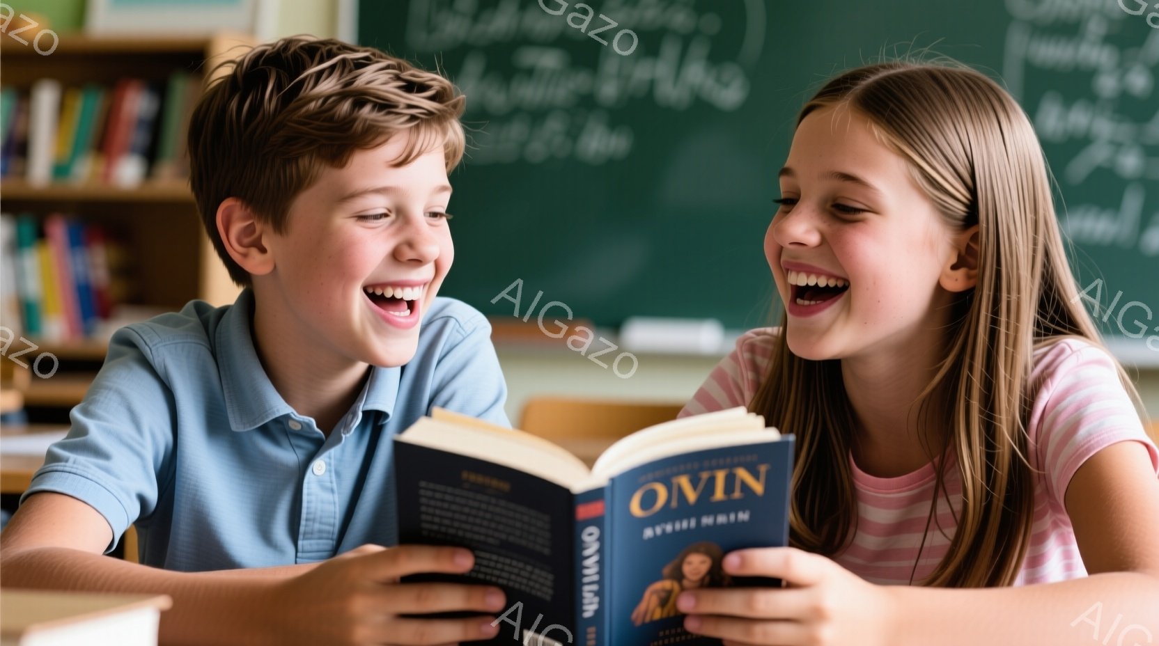 少年と少女が本を読みながら笑っています。少年は青いシャツを着ており、短い茶色の髪をしています。少女はピンク色のシャツを着ており、長く明るい髪をしています。二人は机に向かい合って座り、本に夢中になっているようです。背景には本棚と黒板が見え、教室の様子であることがわかります。