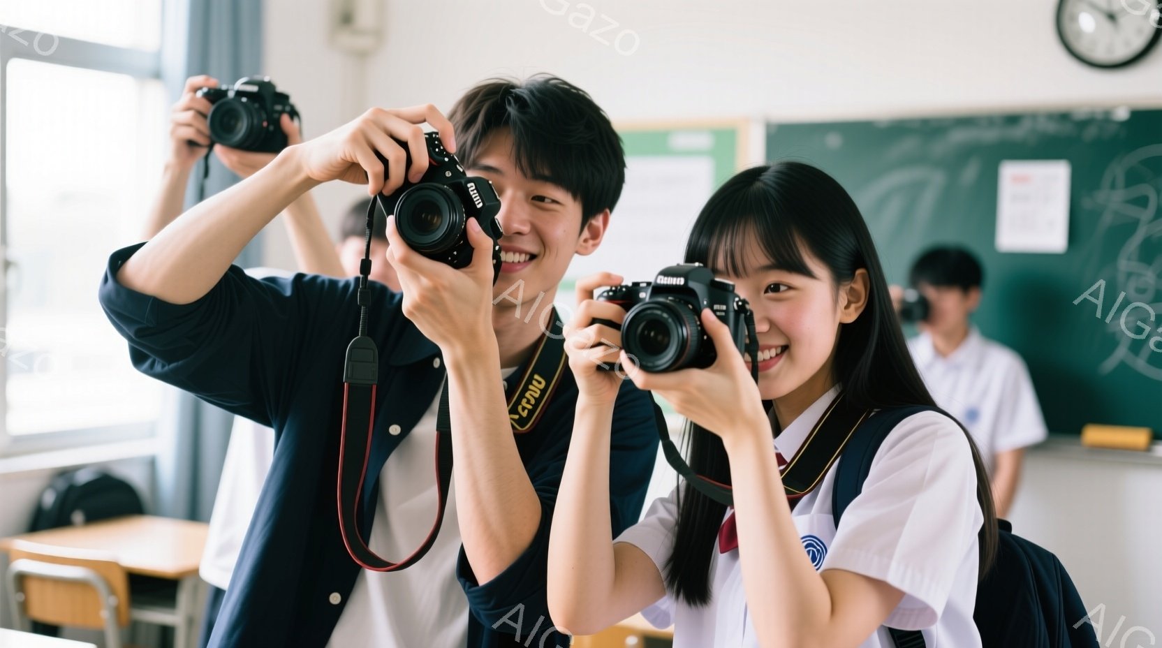制服を着た男子生徒と女子生徒が、それぞれカメラを持って笑顔で撮影している様子が写っている。男子生徒は黒髪で、女子生徒は長い黒髪をサイドに分けている。教室の黒板と机が背景にあり、明るい雰囲気で、学校行事や写真部活動の一コマを切り取ったような印象を受ける。