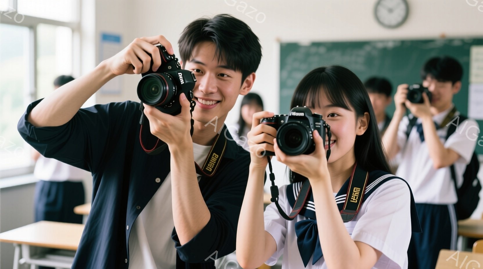 教室にいる若い男女がカメラを構えている写真です。男性は黒いシャツを着ており、女性はセーラー服を着ており、両者とも笑顔でカメラを向けています。教室には他の生徒もおり、黒板と椅子が並んでいます。 - AI生成フリー素材