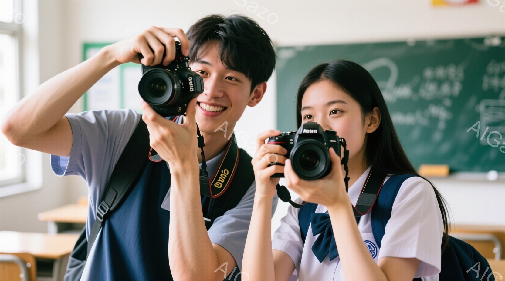 教室の前に立つ若い男女が、それぞれカメラを構え、笑顔を見せています。 制服姿で、男性は黒髪を短く整え、女性は長い黒髪を背中に垂らしています。背景には黒板と机があり、明るい光が差し込み、全体的に若々しく - AI生成フリー素材