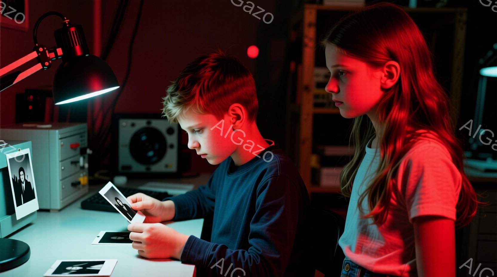 少年と少女が暗い部屋で写真を見ている。少年は濃い青色の長袖シャツを着ており、前かがみになって写真に集中している。少女は明るい赤色のTシャツを着ており、横を向いてやや憂いのある表情をしている。