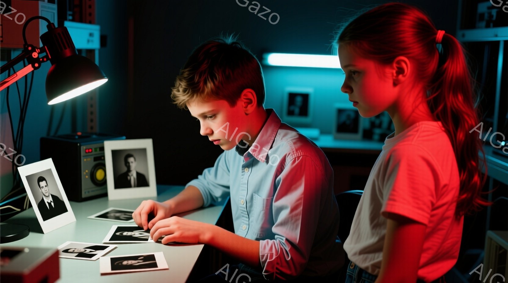 少年と少女が薄暗い部屋で写真を見ている。少年は水色のシャツを着ており、集中した表情で写真を手で広げている。少女は赤い髪をポニーテールにし、横を向いてどこか憂いを帯びた表情をしている。