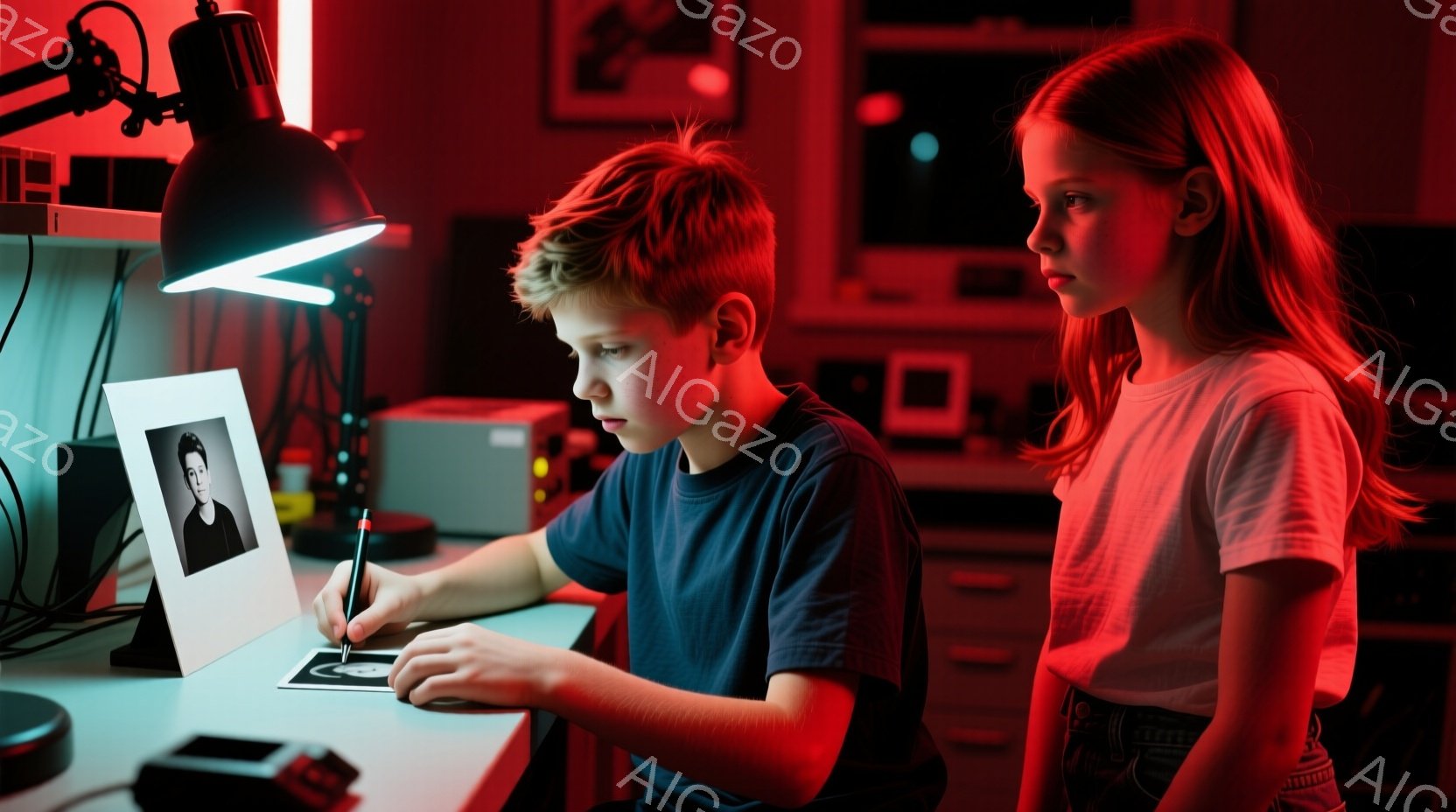 少年は机に向かい、写真に何か書き込んでいる様子で、集中した表情をしている。少女は少し身を乗り出し、少年の作業を覗き込むように見つめている。背景は暗く、赤色の照明が使用されており、実験室のような雰囲気で、機械や電子機器が置かれている。