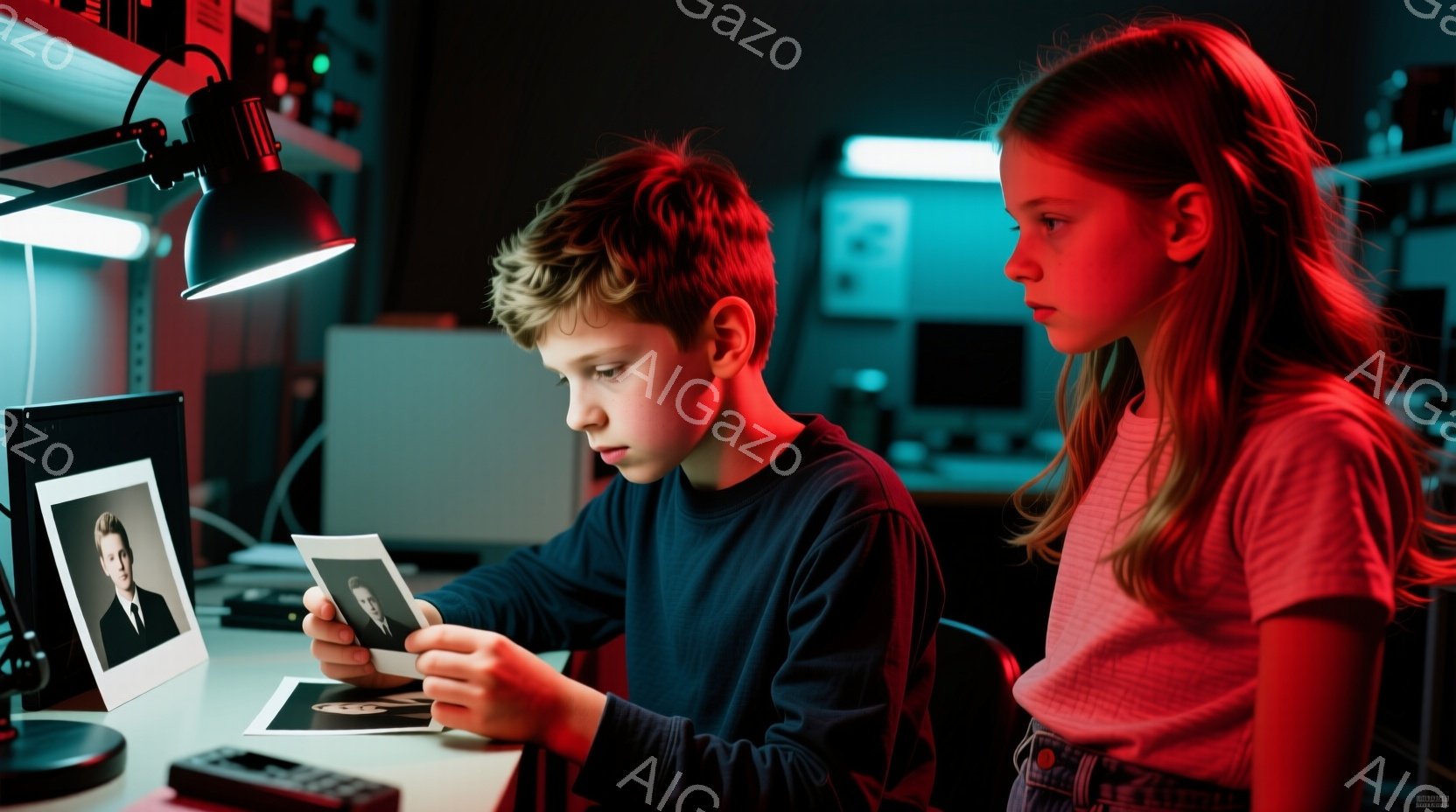 少年と少女が暗い部屋で写真を見ている。少年は濃い青色のシャツを着ており、髪は短く、集中した表情で写真を見つめている。少女はピンク色のシャツを着ており、長い髪は肩にかかっている。背景には、コンピューターモニターや機器が見え、部屋全体はミステリアスで探偵映画のような雰囲気を醸し出している。