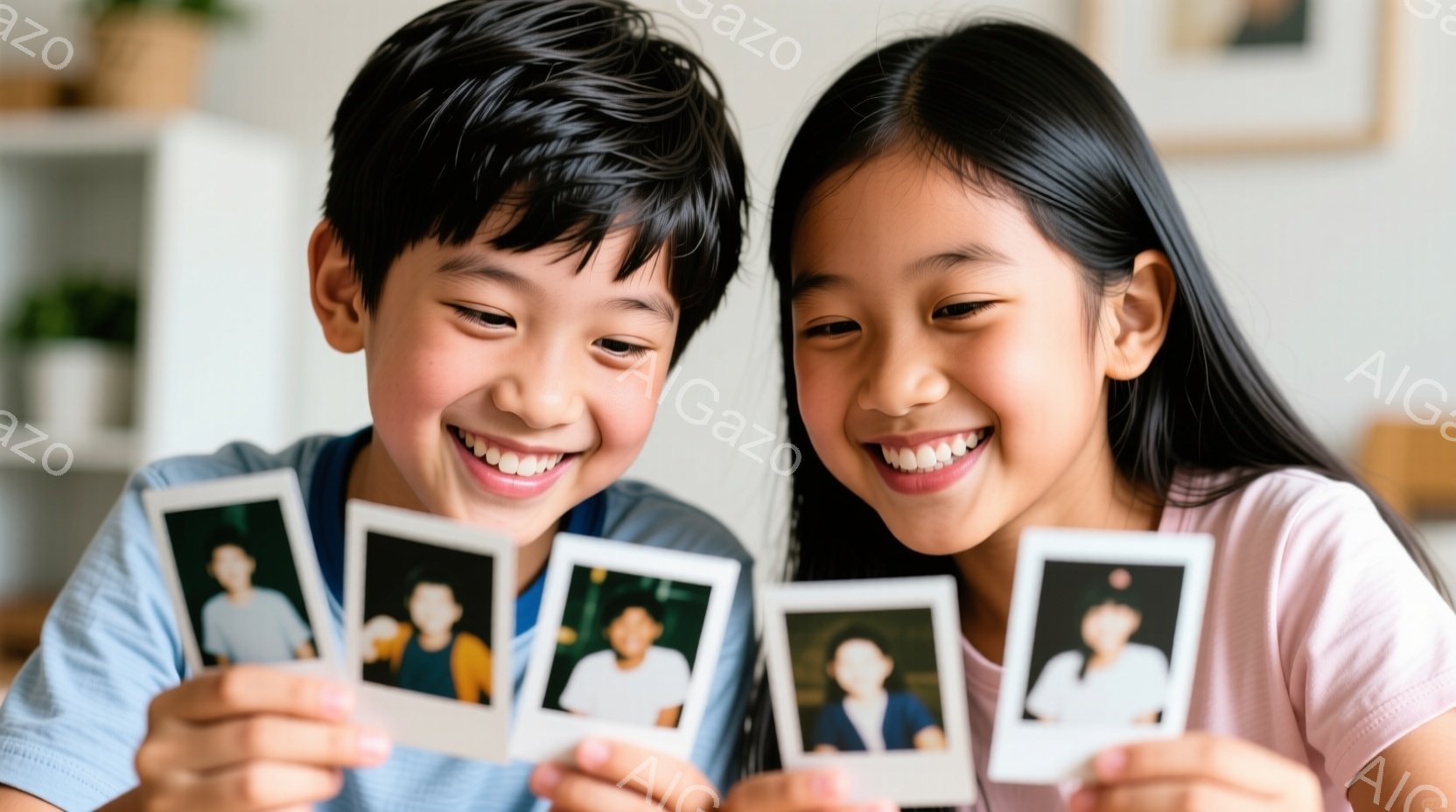 少年と少女が並んで微笑み、それぞれがポラロイド写真を数枚持っています。少年は水色のシャツを着ており、髪は短く黒髪です。少女はピンクのシャツを着ており、長く黒い髪をしています。背景には白い棚と植物が見え、温かく幸せな雰囲気です。