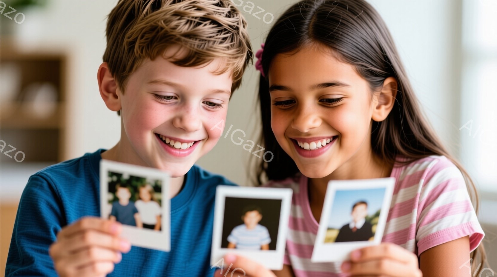 少年と少女が、それぞれポラロイド写真を手に微笑んでいます。少年は青いTシャツを着ており、短い茶色の髪をしています。少女はピンクと白のストライプのシャツを着ており、長く暗い髪をしています。 - AI生成フリー素材