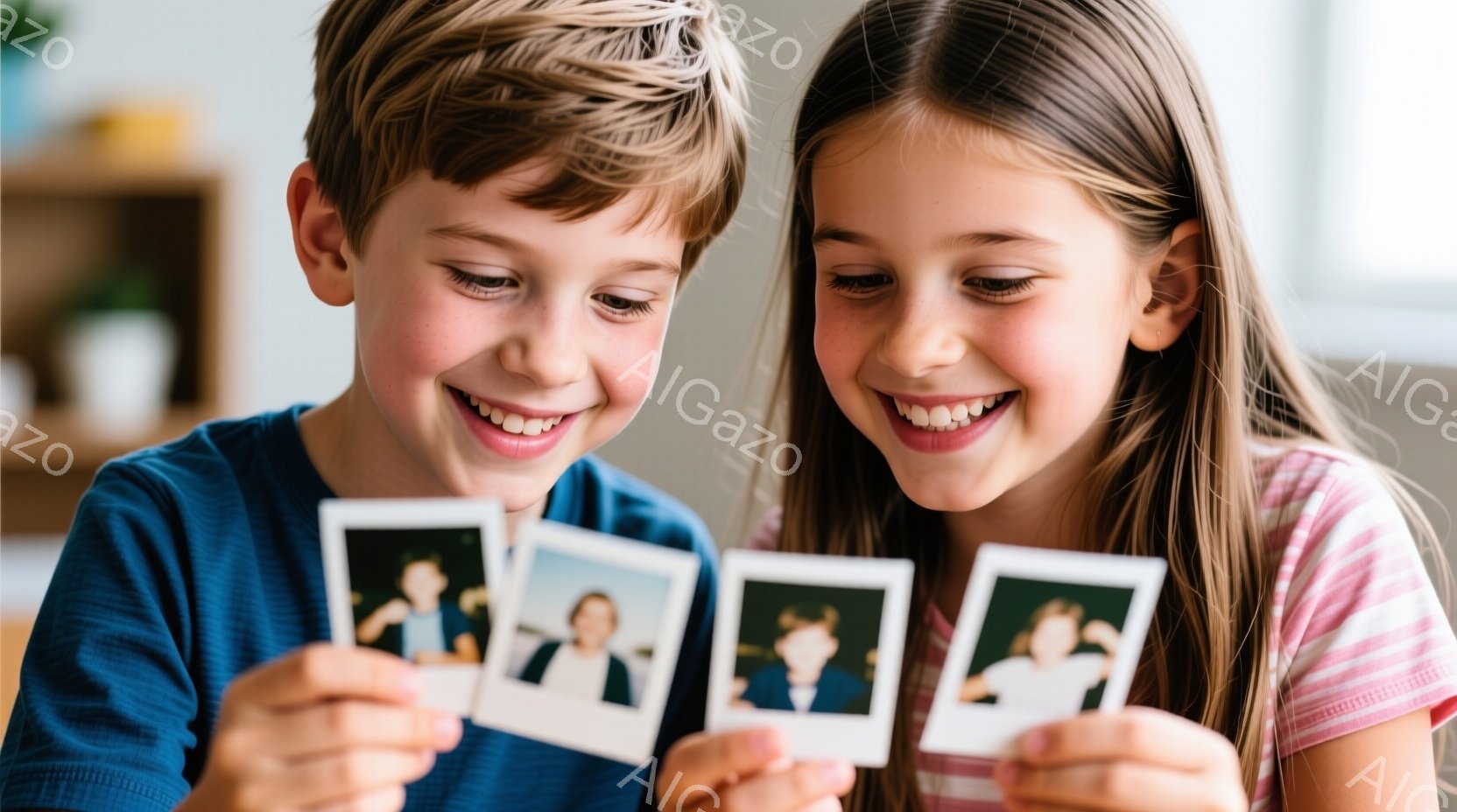 少年と少女がポラロイド写真を手にしている。少年は青いTシャツを着ており、短い茶色の髪で、笑顔を見せている。少女はピンクと白のストライプのシャツを着ており、長い茶色の髪で、少年同様に満面の笑みを浮かべている。