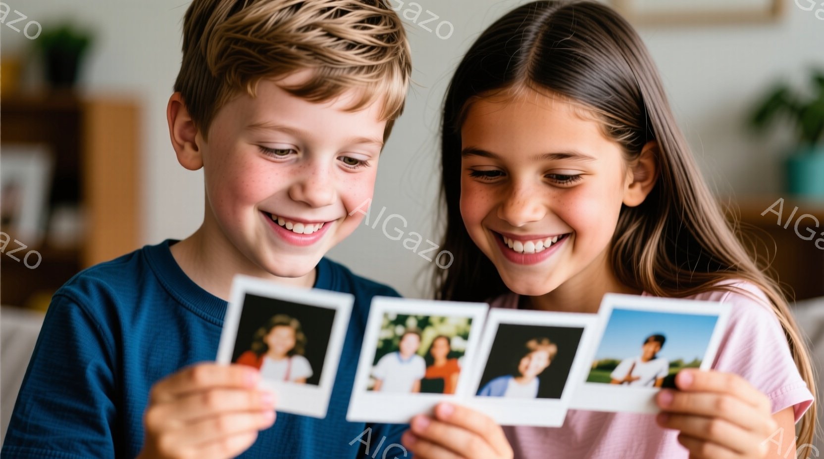 少年と少女が写真を見ながら笑顔で寄り添っています。少年は青いシャツを着ており、短いブロンドの髪をしています。少女はピンク色のシャツを着ており、長い茶色の髪をしています。背景には家具が見え、室内であることがわかります。
