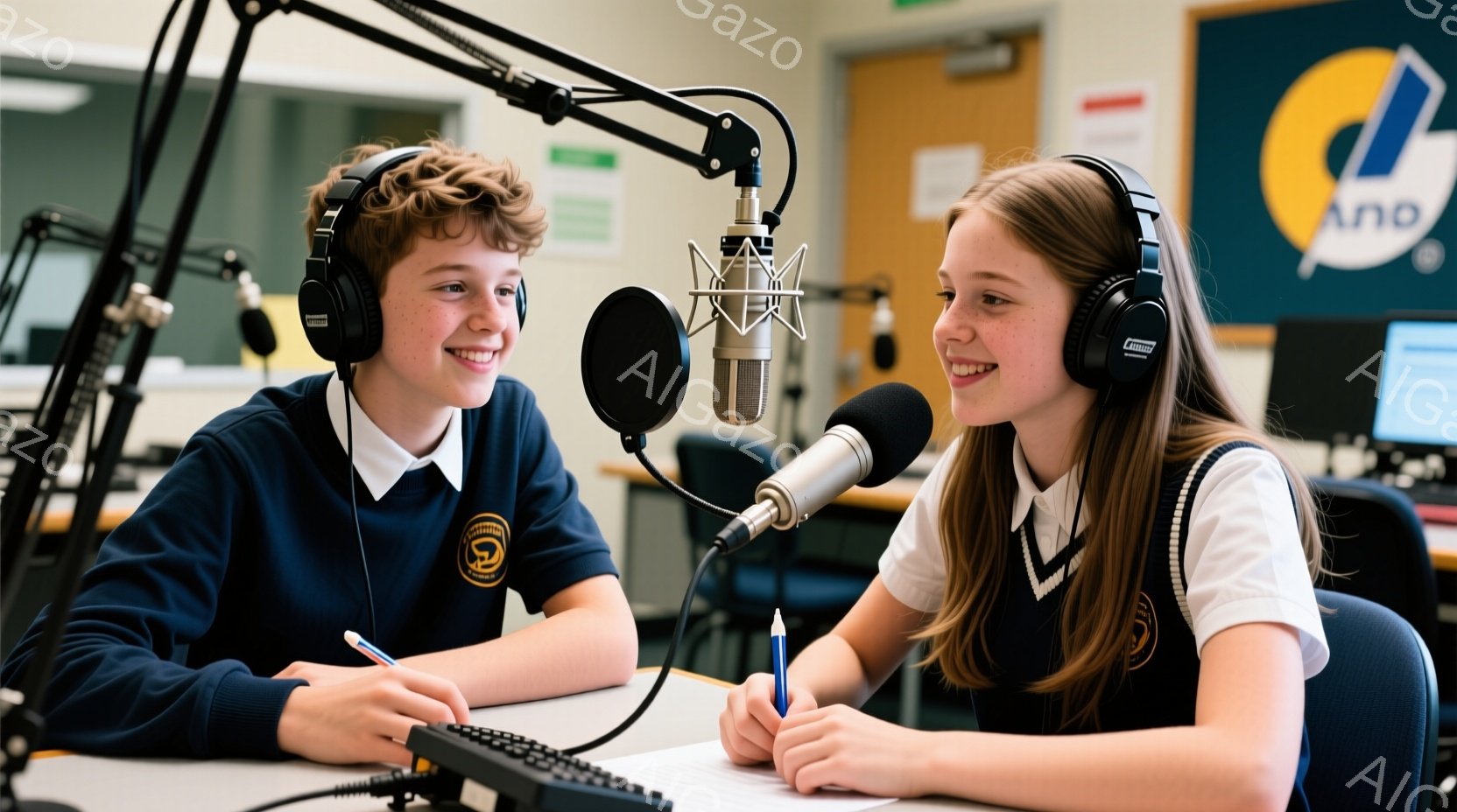 少年と少女が、マイクを挟んで座り、楽しそうに微笑んでいます。二人は学校の制服のような青いセーターと白いシャツを着ており、机の上にはペンと紙が置かれています。背景にはコンピューターや棚があり、ラジオ局やポッドキャストスタジオのような室内であることがわかります。