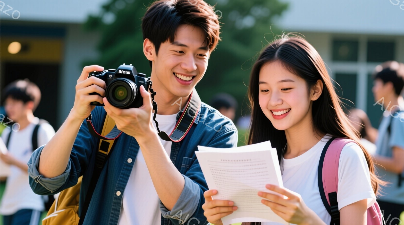 若い男性がカメラを持って笑顔で何かを撮影している様子で、隣には若い女性が書類のようなものを見ながら同じように微笑んでいる。男性はデニムのジャケットに白いTシャツを着ており、女性は白いトップスとリュック - AI生成フリー素材